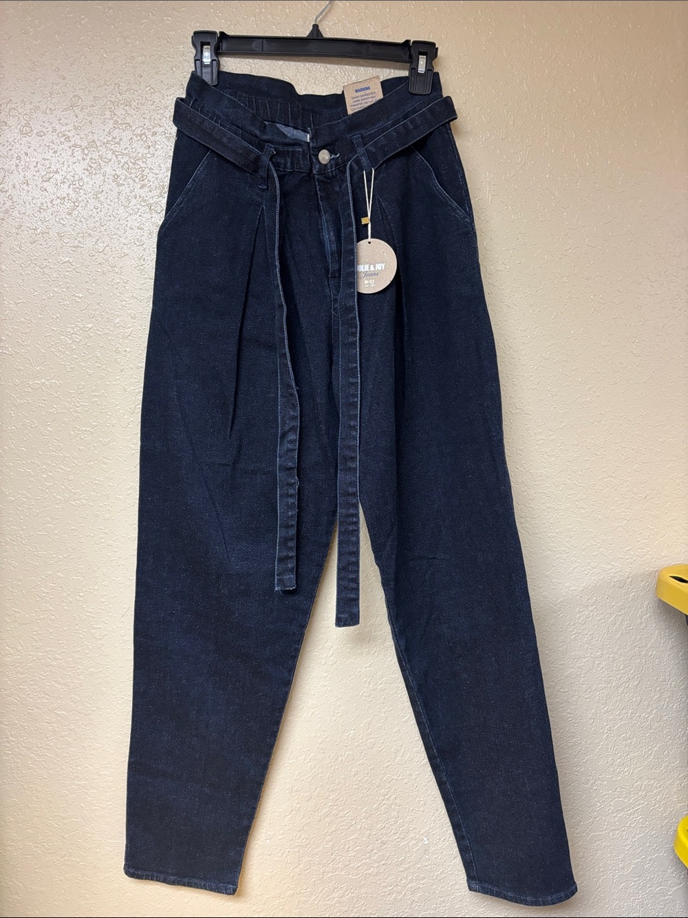 High-Rise Navy Paperbag Jeans with Self-Tie Belt
